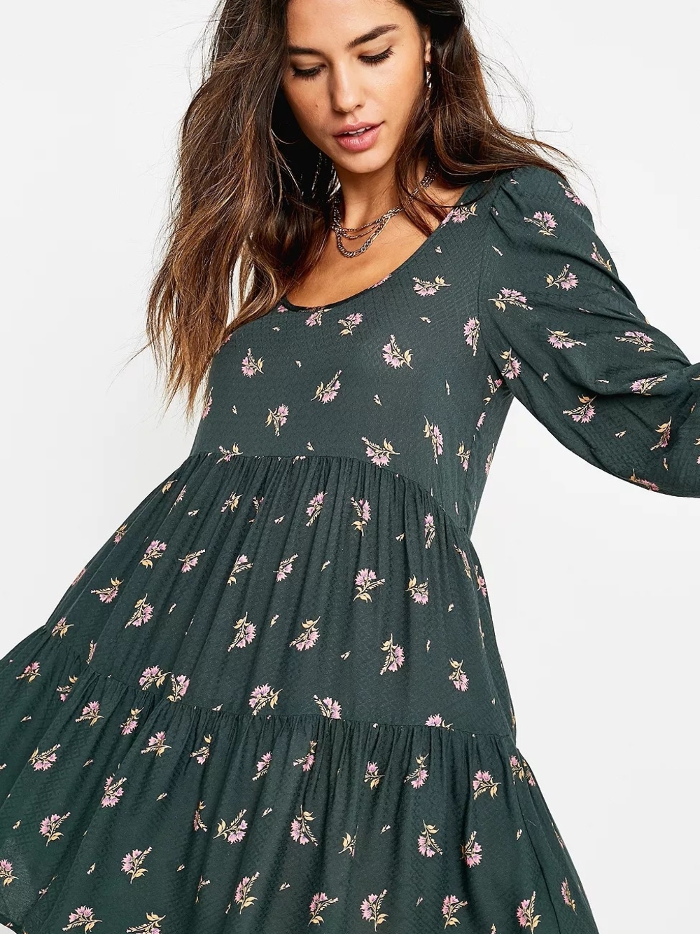 Urban Outfitters Dark Green Floral Tiered Midi Dress